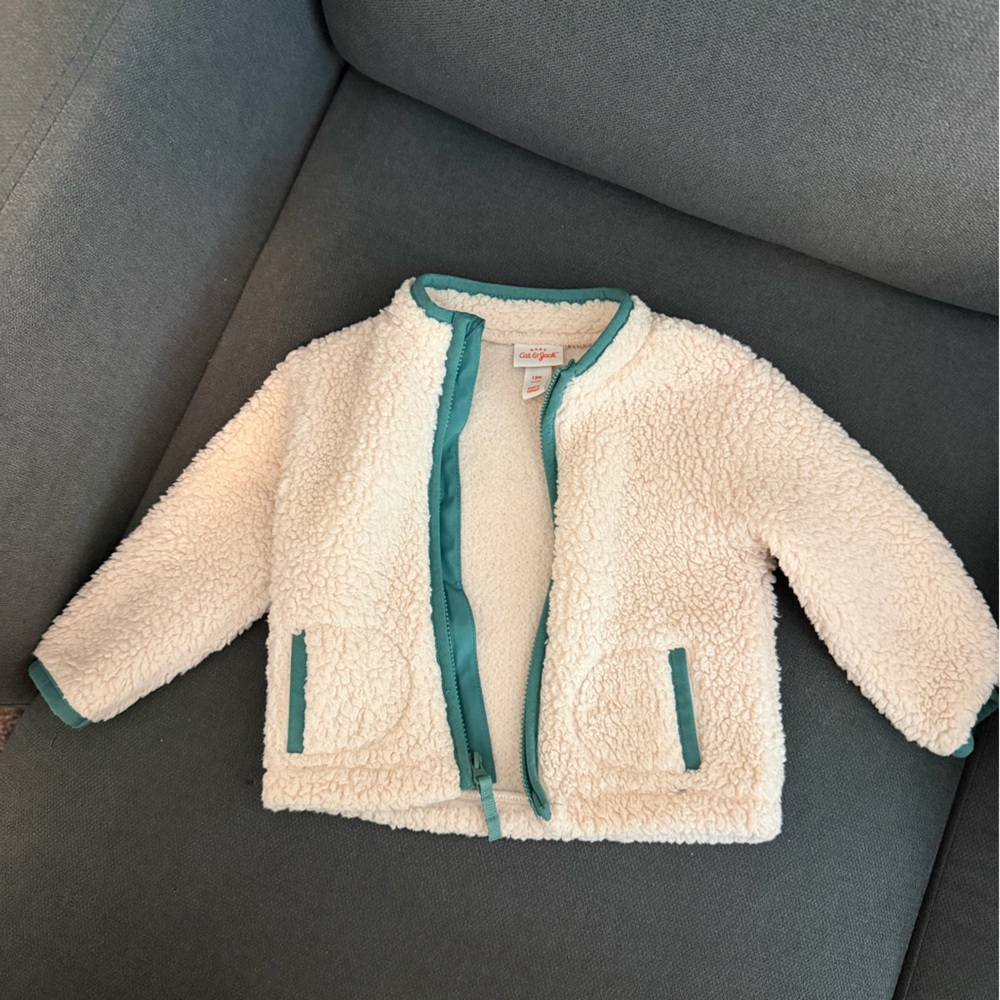 Cat & Jack Cream Sherpa Jacket with Teal Trim